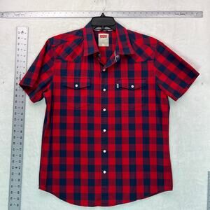 Levis L Red Navy Buffalo Plaid Western Pearl Snap Shirt Modern Fit Large